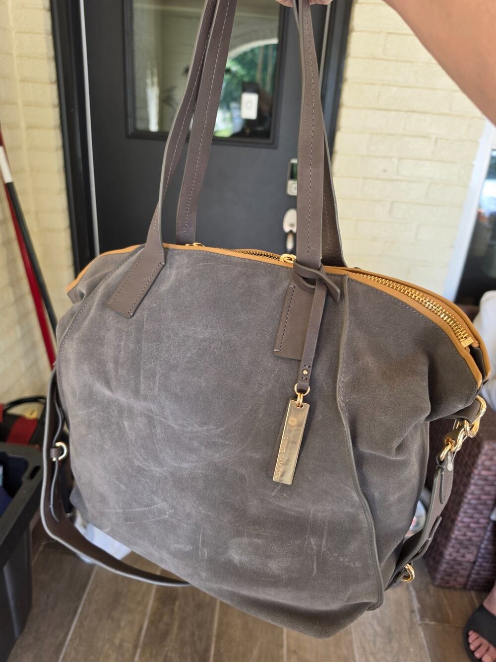 Vince Camuto Alcia Tote Bag Gray Suede Leather Camel Trim Large NWOT
